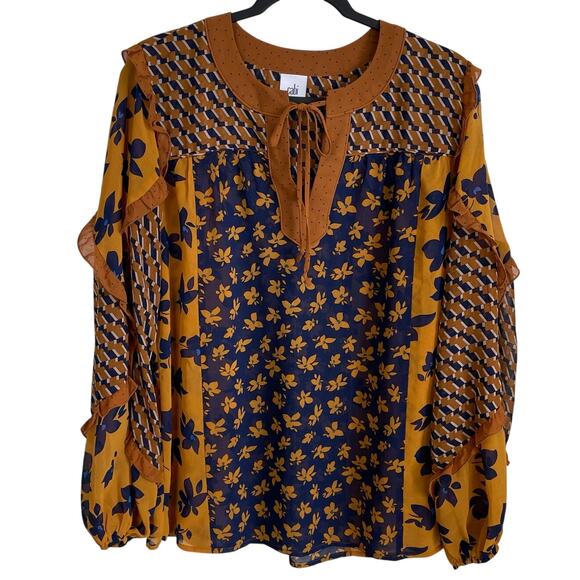 Cabi Golden Eye Harmony Blouse Top Sz M Ruffle Long Sleeves Neck Tie Boho #3953 - Picture 1 of 11